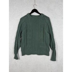 LL Bean Signature Sweater Women's Size L Green Cable Knit 100% Cotton 297466